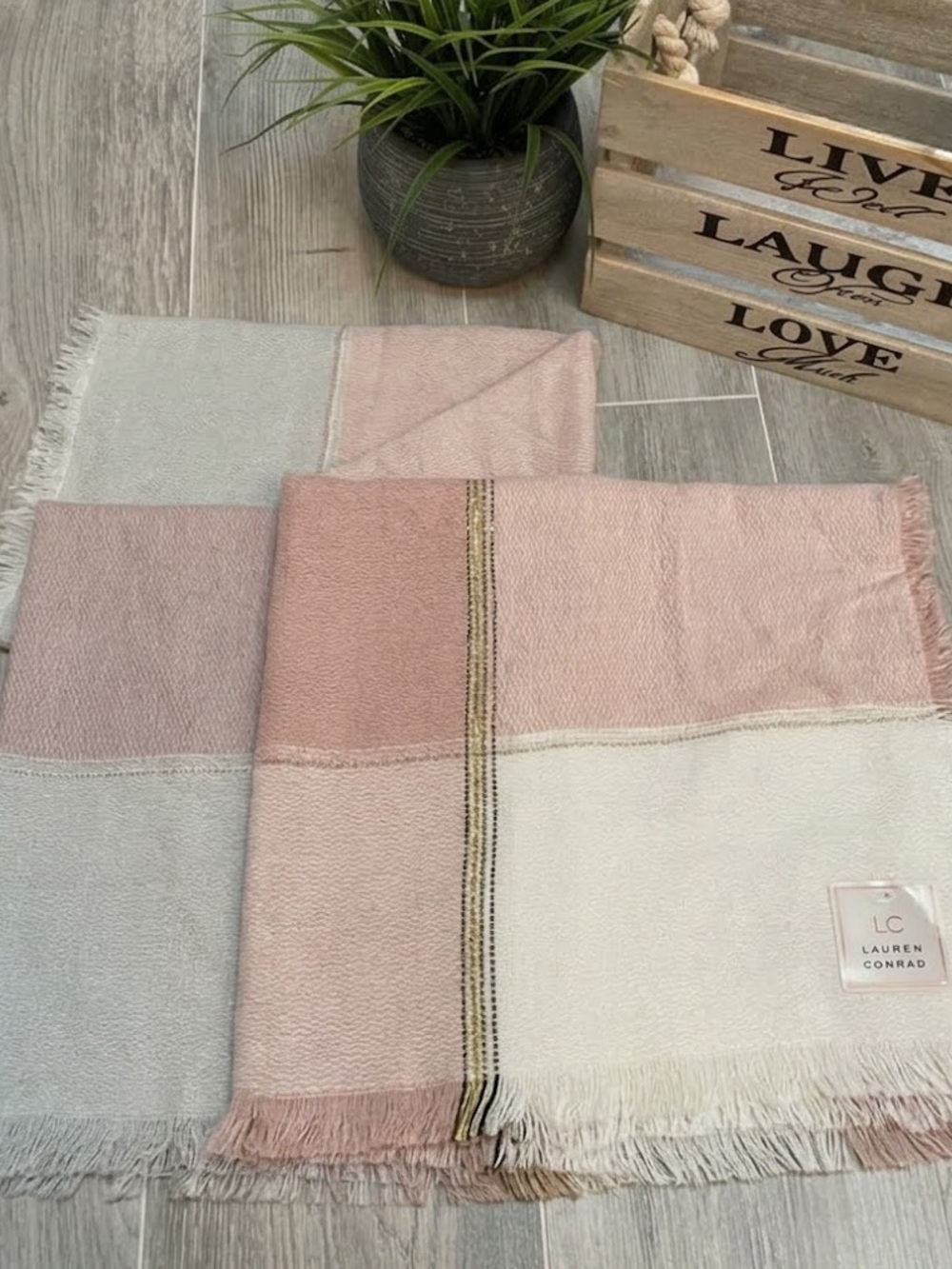 NWT LC Lauren Conrad Colorblock Fringe Scarf Wrap Shawl Poncho Dusty Pink Cream